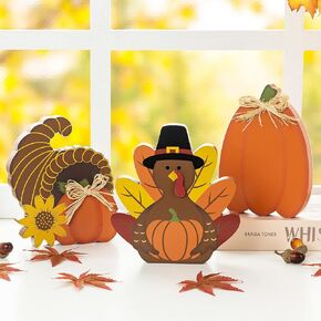 Glitzhome 3 Pack Fall Wooden Table Signs Farmhouse Thanksgiving Signs Blocks for Table Decorations Give Thanks to The Lord Thanksful Grateful Blessed Centerpiece Table top Signs for Tiered Tray Decor