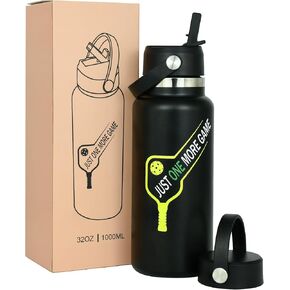 Pickleball Water Bottle 32 oz, Gifts for Pickleball Lovers, Wide Mouth Vacuum Insulated Sports Bottle with 2 Leakproof Lids, Stainless Steel Cup with Straw for Cold Drinks