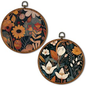 KSDUT Vintage Natural Flowers Wall Decor Art Set of 2 - Floral Botanical Textile Wall Art Canvas Frame Hanging Prints, Mid Century Modern Round Wall Art Decor for Bedroom Farmhouse Decorations 10"x10"