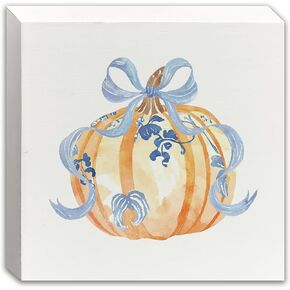 JWVK Fall Pumpkin Decor, Coquette Pink Bow Preppy Fall Pumpkin Wooden Box Sign, Preppy Fall Decor, Grandmillenial Home Decor, Fall Decorations for Home Office Desk Table Shelf Decor, 5x5 Inch