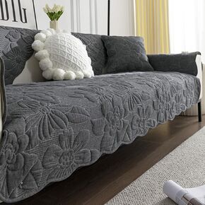 Vintage Floral Embroidery Sofa Couch Cover Soft Cotton Quilted Sectional Couch Cover Solid Non Slip Sofa Slipcover Furniture Protector for Living Room (Dark Gray,43"x70")