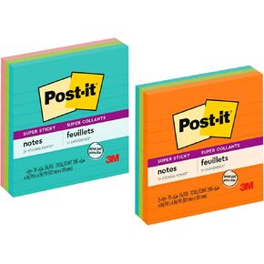 Post-it Super Sticky Notes, 4x4 in, 3 Pads, 2X the Sticking Power, Assorted Bright Colors, Lined (675-3SSMX)