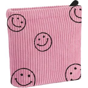 Preppy Corduroy Period Bag for School Teen Girls, Cute Smiley Face Sanitary Napkin Storage Bag Portable Period Pouch with Zipper, Sanitary Pads Bag Tampons Holder for Purse First Period Women