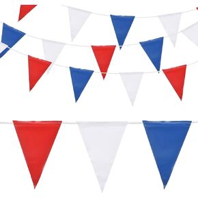 MECCANIXITY Pennant Banner Flags, 98ft 45pcs Marking Safety Flags for Perimeter Parking Lot Events, Traffic, Construction Warning, Red Blue White