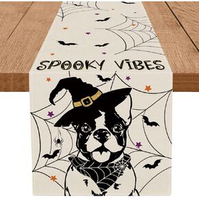 Halloween Table Runner Pitbull Cobweb Bat Table Runners Spooky Vibes Decorations for Home Outdoor Kitchen Dining Table Supplies 13x72 Inch