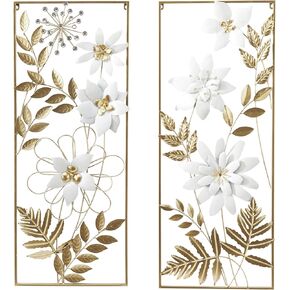 Deco 79 Metal Floral Home Wall Decor Wall Sculpture with Gold Frame, Set of 2 Wall Art 14" W, 35" H, Gold