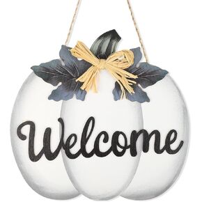 Fall Pumpkin Decoration Wooden Pumpkin Door Wreath for Front Door Sign Wall Signs, Thanksgiving Pumpkin Welcome Sign Hanging for Autumn Harvest Home Halloween Decoration (Orange Welcome)