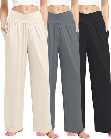3 Pack Womens Wide Leg Yoga Pants Crossover High Waisted Casual Loose Lounge Sweatpants with Pockets in Kuwait
