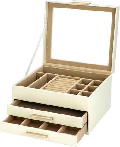 QWORK Jewelry Box with Clear Glass lid, 3 Layers Jewelry Storage Box with 2 Drawers, Watch Jewelry Display, Large Multi-Functional Jewelry Organizer, for Necklace,Earring,Ring,Bracelets in Saudi Arabia