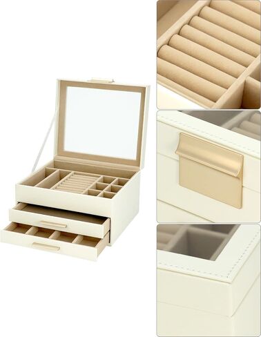 QWORK Jewelry Box with Clear Glass lid, 3 Layers Jewelry Storage Box with 2 Drawers, Watch Jewelry Display, Large Multi-Functional Jewelry Organizer, for Necklace,Earring,Ring,Bracelets in Saudi Arabia