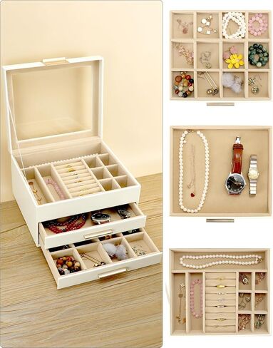 QWORK Jewelry Box with Clear Glass lid, 3 Layers Jewelry Storage Box with 2 Drawers, Watch Jewelry Display, Large Multi-Functional Jewelry Organizer, for Necklace,Earring,Ring,Bracelets in Saudi Arabia