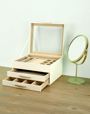 QWORK Jewelry Box with Clear Glass lid, 3 Layers Jewelry Storage Box with 2 Drawers, Watch Jewelry Display, Large Multi-Functional Jewelry Organizer, for Necklace,Earring,Ring,Bracelets in Saudi Arabia