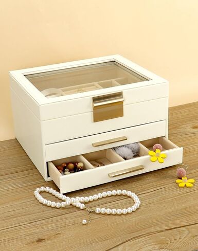 QWORK Jewelry Box with Clear Glass lid, 3 Layers Jewelry Storage Box with 2 Drawers, Watch Jewelry Display, Large Multi-Functional Jewelry Organizer, for Necklace,Earring,Ring,Bracelets in Saudi Arabia