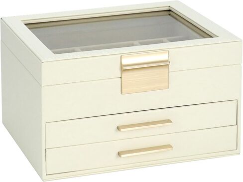 QWORK Jewelry Box with Clear Glass lid, 3 Layers Jewelry Storage Box with 2 Drawers, Watch Jewelry Display, Large Multi-Functional Jewelry Organizer, for Necklace,Earring,Ring,Bracelets in Saudi Arabia