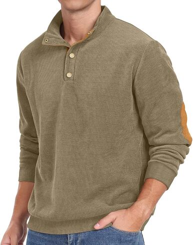 Men's Corduroy Sweatshirts,Casual Button Down Stand Collar long Sleeve Henley Pullover Sweatshirt in Saudi Arabia
