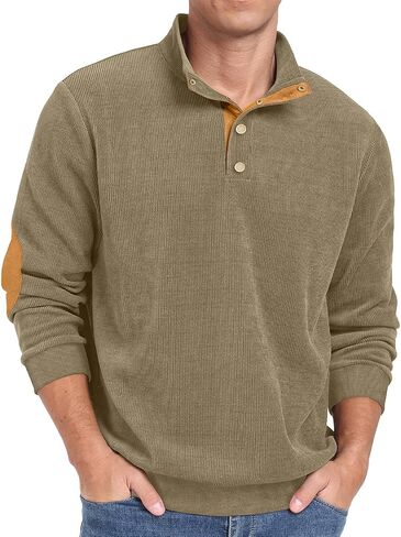 Men's Corduroy Sweatshirts,Casual Button Down Stand Collar long Sleeve Henley Pullover Sweatshirt in Saudi Arabia