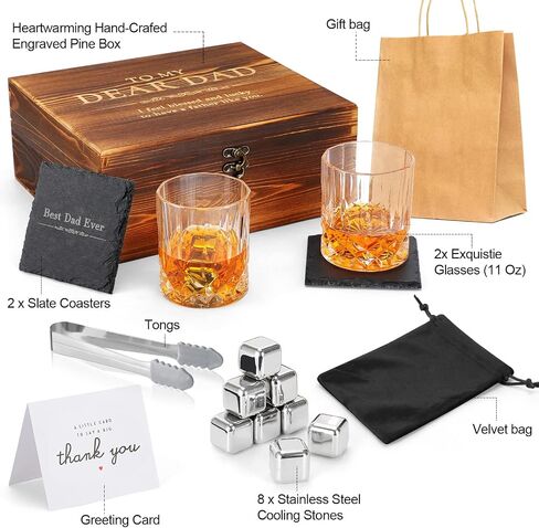Whiskey Stones Gift Set Anniversary Gi fts for Husband | Him | Men, Husband Birthday | Wedding Anniversary | Valentine's Day Gift, 8 Stainless Steel Whiskey Stones & 2 Whiskey Glasses(11oz) in Saudi Arabia