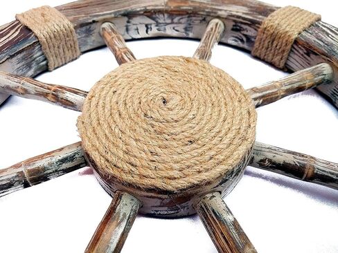 عجلة السفينة من خشب الصنوبر الفاخر المزخرفة بحريًا من ناجينا إنترناشيونال مع زخرفة مركزية بالحبل - هدية ديكور المنزل على الشاطئ للكابتن البحري (36 بوصة) in Kuwait