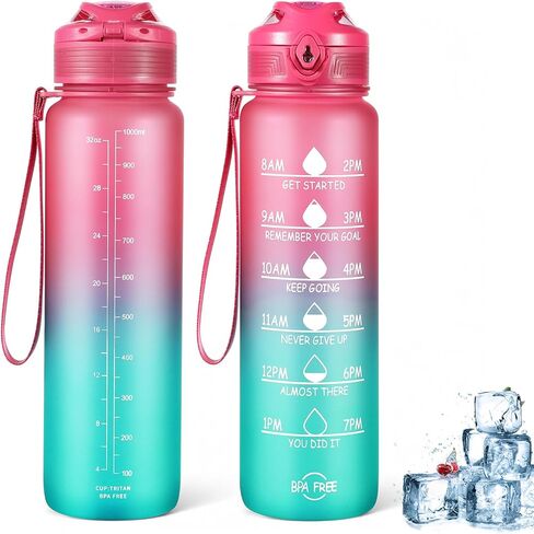 Water Bottle 32 oz, Motivational Sports Water Bottles Tritan BPA Free Water Bottle No Straw With Time Marker, Wide Mouth Leakproof Water Bottle with Strap for Gym Fitness Hiking Bike Camping - Black in Saudi Arabia