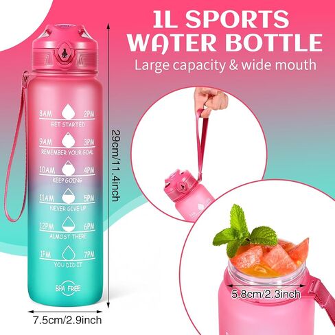Water Bottle 32 oz, Motivational Sports Water Bottles Tritan BPA Free Water Bottle No Straw With Time Marker, Wide Mouth Leakproof Water Bottle with Strap for Gym Fitness Hiking Bike Camping - Black in Saudi Arabia