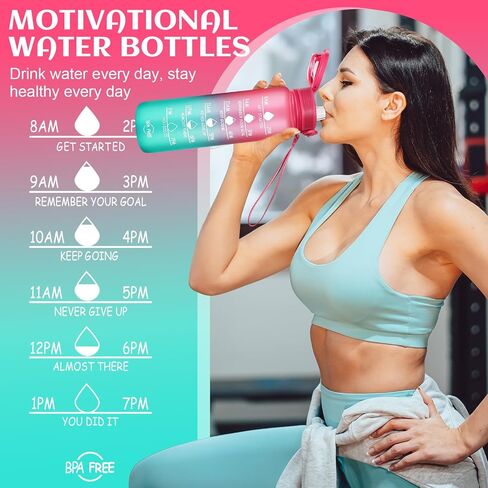 Water Bottle 32 oz, Motivational Sports Water Bottles Tritan BPA Free Water Bottle No Straw With Time Marker, Wide Mouth Leakproof Water Bottle with Strap for Gym Fitness Hiking Bike Camping - Black in Saudi Arabia