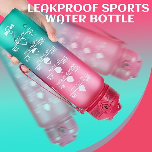 Water Bottle 32 oz, Motivational Sports Water Bottles Tritan BPA Free Water Bottle No Straw With Time Marker, Wide Mouth Leakproof Water Bottle with Strap for Gym Fitness Hiking Bike Camping - Black in Saudi Arabia