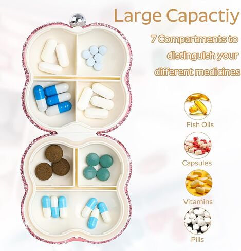 Soleebee Portable 7 Compartments Daily Pill Organizer, Bling Crystal Diamond Pill Box, Small Travel Pill Case, Pill Dispenser, Medicine Container Organizer to Hold Vitamin, Fish Oil (Black) in Saudi Arabia