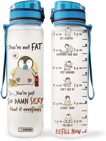 64HYDRO 32oz 1Liter Motivational Water Bottle with Time Marker, Penguin Inspiration Not Fat Just So Sexy It Overflows HRL0907009 Water Bottle in Saudi Arabia