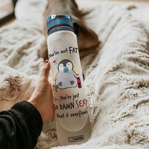 64HYDRO 32oz 1Liter Motivational Water Bottle with Time Marker, Penguin Inspiration Not Fat Just So Sexy It Overflows HRL0907009 Water Bottle in Saudi Arabia