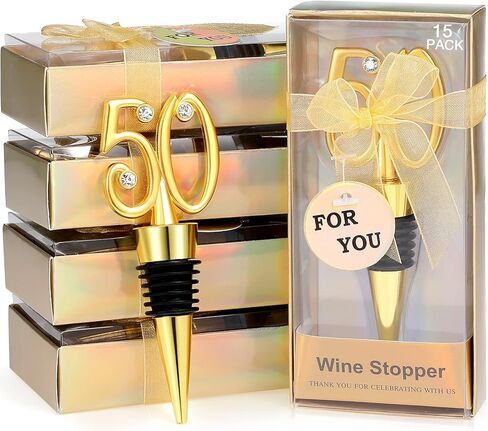15 قطعة سدادة نبيذ عيد الميلاد لحفلات أعياد الميلاد تقدم سدادات زجاجات النبيذ والمشروبات المصنوعة من السيليكون من سبائك الزنك وديكورات تذكارية لذكرى الزفاف للضيوف (50 عامًا) in Kuwait