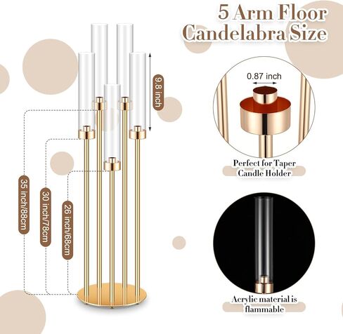 Tandefio 8 Pcs Acrylic Candelabra Centerpieces 35" Tall Clear Candle Holders Pillar Taper Candlestick with Lampshades 5 Arm Floor Candelabra Stand for Wedding Christmas Ceremony Dinner Party in Saudi Arabia
