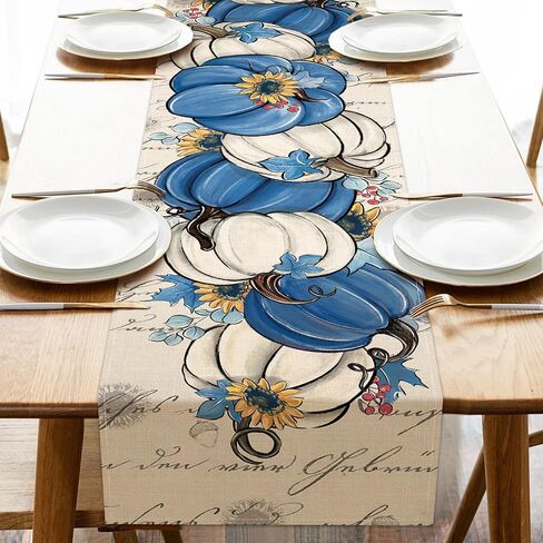 Fall Blue White Pumpkin Table Runner, Autumn Thanksgiving Sunflower Eucalyptus Leaves Kitchen Dining Table Decoration, Seasonal Indoor Outdoor Home Decor Party Supply 13 x 36 Inch in Saudi Arabia