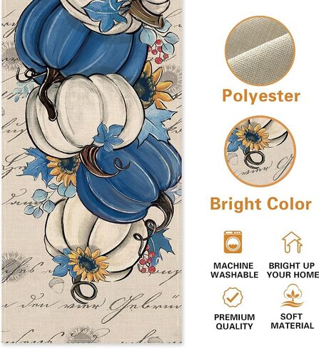 Fall Blue White Pumpkin Table Runner, Autumn Thanksgiving Sunflower Eucalyptus Leaves Kitchen Dining Table Decoration, Seasonal Indoor Outdoor Home Decor Party Supply 13 x 36 Inch in Saudi Arabia