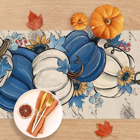 Fall Blue White Pumpkin Table Runner, Autumn Thanksgiving Sunflower Eucalyptus Leaves Kitchen Dining Table Decoration, Seasonal Indoor Outdoor Home Decor Party Supply 13 x 36 Inch in Saudi Arabia