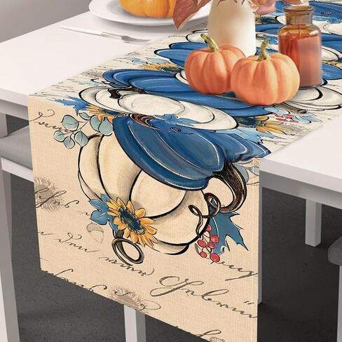 Fall Blue White Pumpkin Table Runner, Autumn Thanksgiving Sunflower Eucalyptus Leaves Kitchen Dining Table Decoration, Seasonal Indoor Outdoor Home Decor Party Supply 13 x 36 Inch in Saudi Arabia