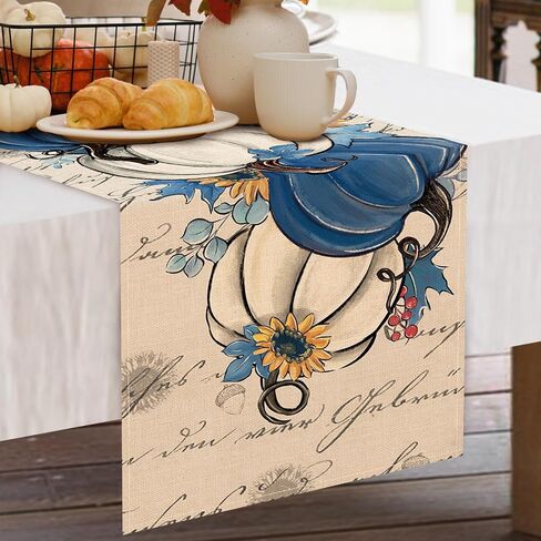 Fall Blue White Pumpkin Table Runner, Autumn Thanksgiving Sunflower Eucalyptus Leaves Kitchen Dining Table Decoration, Seasonal Indoor Outdoor Home Decor Party Supply 13 x 36 Inch in Saudi Arabia