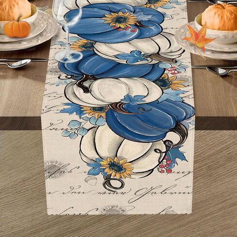 Fall Blue White Pumpkin Table Runner, Autumn Thanksgiving Sunflower Eucalyptus Leaves Kitchen Dining Table Decoration, Seasonal Indoor Outdoor Home Decor Party Supply 13 x 36 Inch in Saudi Arabia