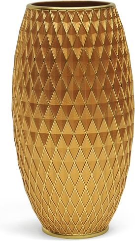 Gold Vase for Flowers 11" Tall,Handmade&Hand-Painted Resin Flower Vase with Geometric Diamond Pattern for Living Room Kitchen Floor/Table Decorative,Vintage Luxury Centerpiece Vase-Giftable in Saudi Arabia