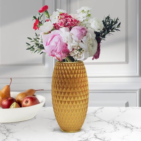 Gold Vase for Flowers 11" Tall,Handmade&Hand-Painted Resin Flower Vase with Geometric Diamond Pattern for Living Room Kitchen Floor/Table Decorative,Vintage Luxury Centerpiece Vase-Giftable in Saudi Arabia