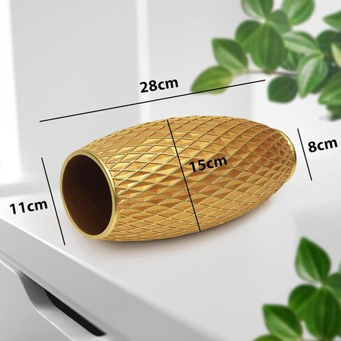 Gold Vase for Flowers 11" Tall,Handmade&Hand-Painted Resin Flower Vase with Geometric Diamond Pattern for Living Room Kitchen Floor/Table Decorative,Vintage Luxury Centerpiece Vase-Giftable in Saudi Arabia
