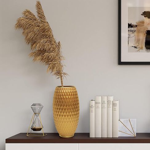 Gold Vase for Flowers 11" Tall,Handmade&Hand-Painted Resin Flower Vase with Geometric Diamond Pattern for Living Room Kitchen Floor/Table Decorative,Vintage Luxury Centerpiece Vase-Giftable in Saudi Arabia