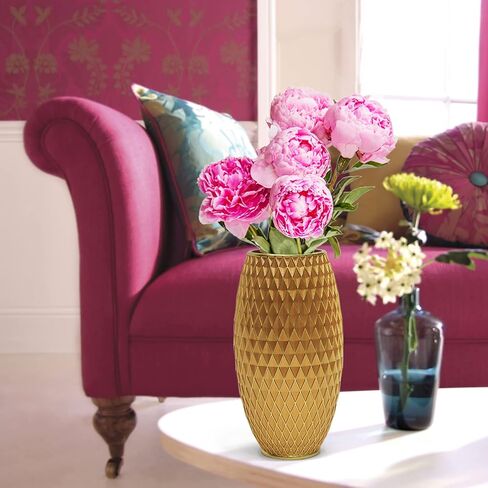 Gold Vase for Flowers 11" Tall,Handmade&Hand-Painted Resin Flower Vase with Geometric Diamond Pattern for Living Room Kitchen Floor/Table Decorative,Vintage Luxury Centerpiece Vase-Giftable in Saudi Arabia