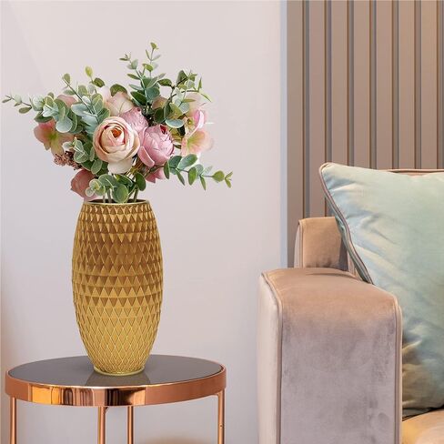 Gold Vase for Flowers 11" Tall,Handmade&Hand-Painted Resin Flower Vase with Geometric Diamond Pattern for Living Room Kitchen Floor/Table Decorative,Vintage Luxury Centerpiece Vase-Giftable in Saudi Arabia