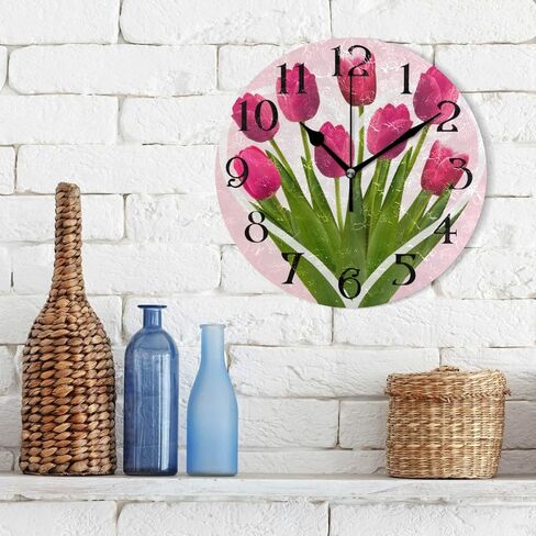Pink Clock Pink Wall Clock Pink Roses Clock with Roses Pink Bathroom Clock Non Ticking Battery Operated Pink Flower Clock Round 9.5 in Quartz Analog Kitchen Decor in Saudi Arabia