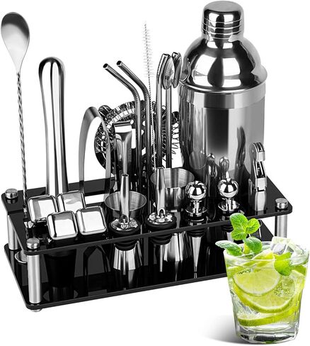 Cocktail Shaker Set Bartender Kit,23 PCS Bar Tool Set with Acrylic Stand, Professional Bar Tools for Drink Mixing, Home, Bar, Party (Include 4 Whiskey Stones) in Kuwait