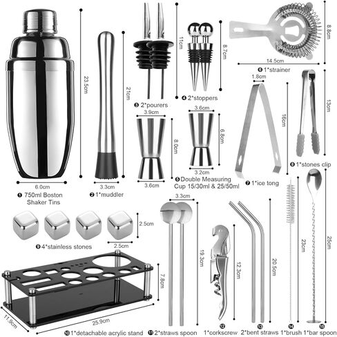 Cocktail Shaker Set Bartender Kit,23 PCS Bar Tool Set with Acrylic Stand, Professional Bar Tools for Drink Mixing, Home, Bar, Party (Include 4 Whiskey Stones) in Kuwait