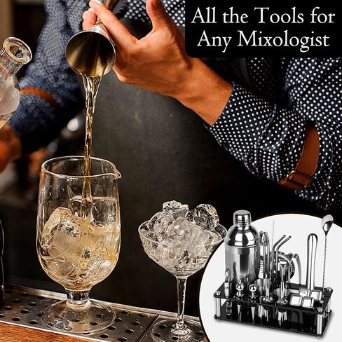 Cocktail Shaker Set Bartender Kit,23 PCS Bar Tool Set with Acrylic Stand, Professional Bar Tools for Drink Mixing, Home, Bar, Party (Include 4 Whiskey Stones) in Kuwait