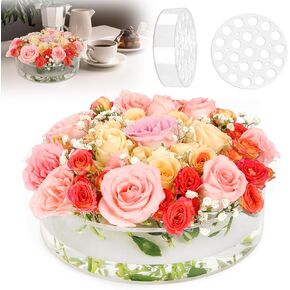 6 Inch Acrylic Flower Vase for Wedding Centerpieces Round, Circular Clear Wide Low Floral Vases with 7 Large + 6 Small Holes for Dining Table Home Birthday Party Flower Arrangement in Kuwait