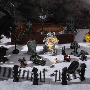 Soaoo 25 Pcs Halloween Miniature Accessories Light up Haunted House Tombstones Gargoyle Fence Witch Pumpkin Figurines Ravens Branch Trees Skulls for Halloween Garden Decor Village Collection (Pumpkin)