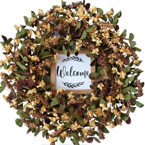idyllic Fall Wreath 22'' Autumn Front Door with Welcome Sign, Harvest Wreath with Orange Flowers String Round Leaves for Outside Indoor Wall Window Festival Thanksgiving Decor(Orange)